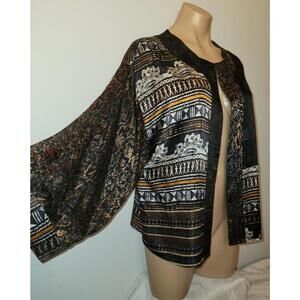 Chico’s Women’s Brown Printed Silk Blend Open Jacket Kimono Sleeve Casual Size 0